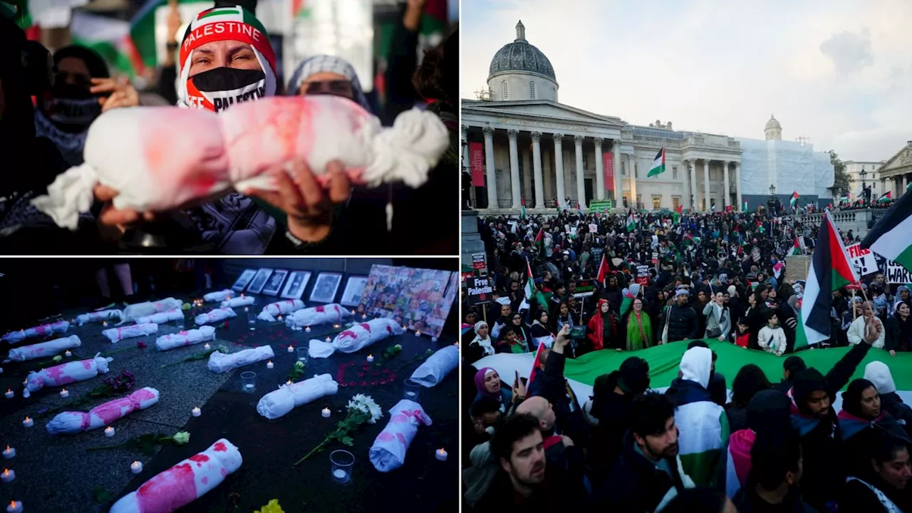 Pro-Palestine protesters lay effigies of dead babies in Trafalgar Square