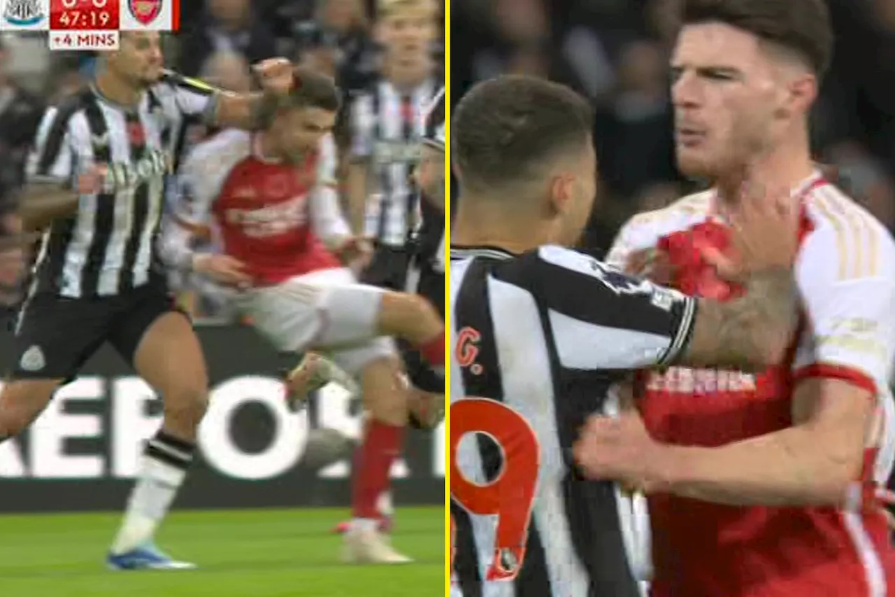 Newcastle star Bruno Guimaraes avoids sending off for elbowing Jorginho before confronting Declan Rice...