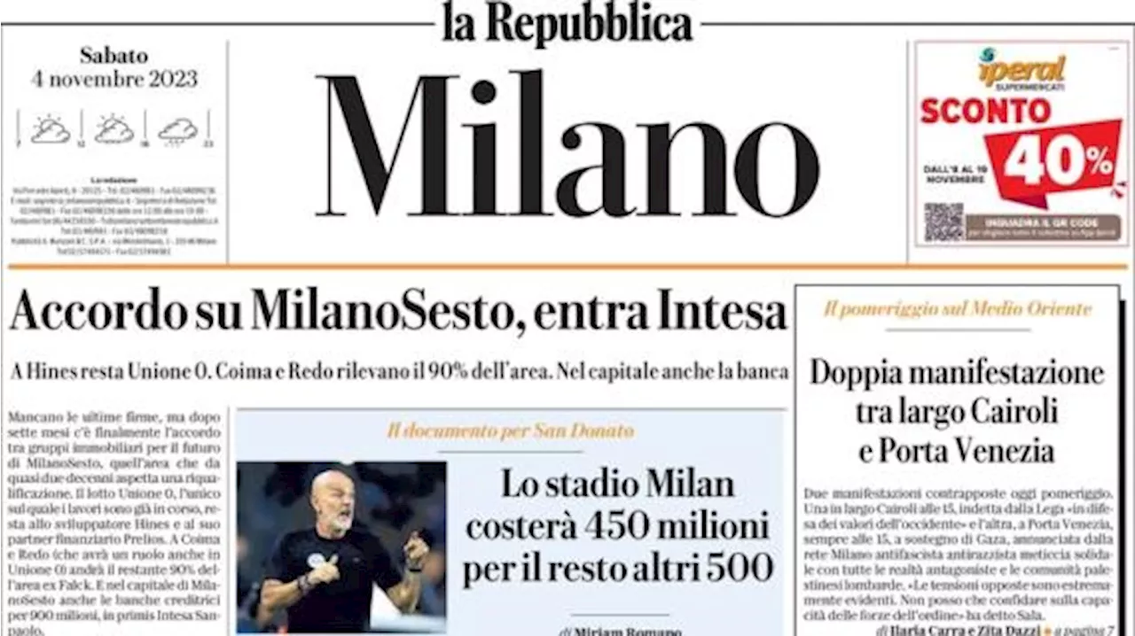 La Repubblica Milano: 'Lo stadio Milan costerà 450 milioni, per il resto altri 500'