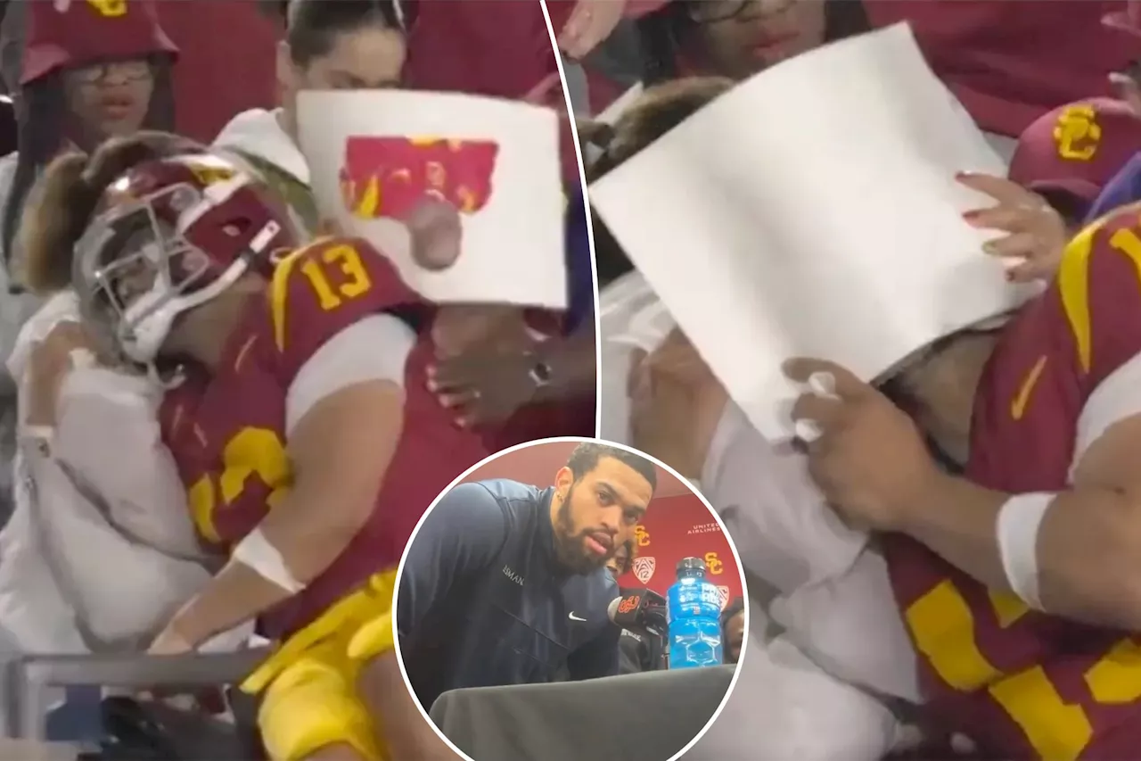 Caleb Williams cries in mom's arms after USC loss, wants to cuddle with his dog