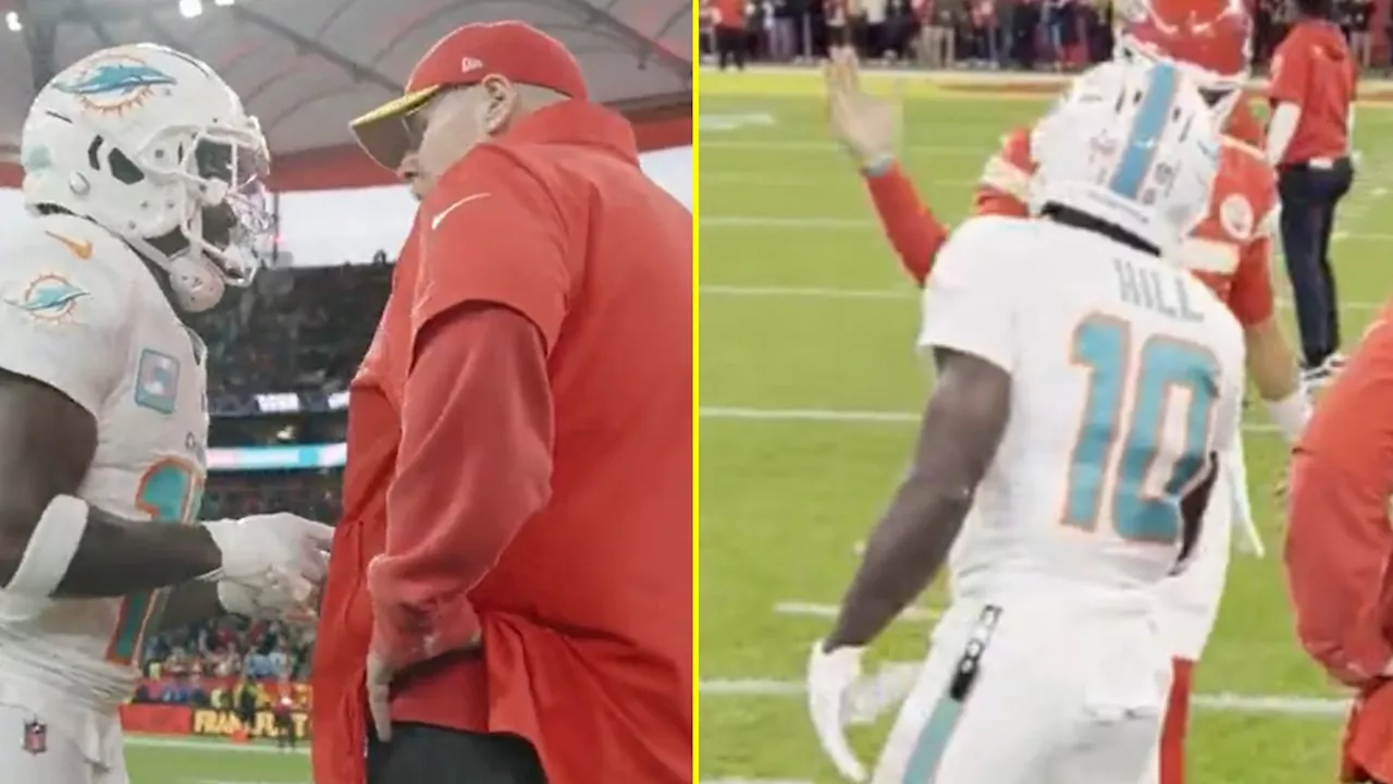 Tyreek Hill pokes Andy Reid’s belly as pitchside footage captures hilarious reunion with Patrick Mahomes a...