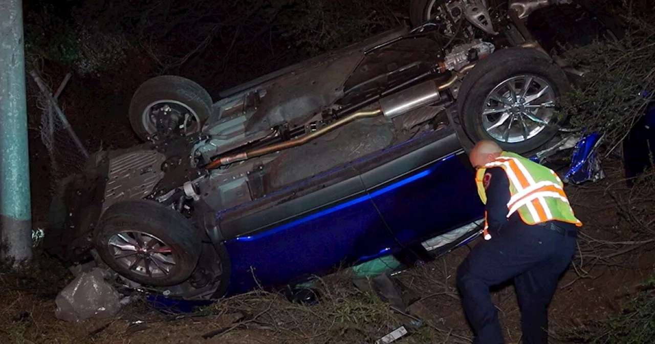 CHP officers detain driver who ran away, hid behind trees after rollover crash off I-15