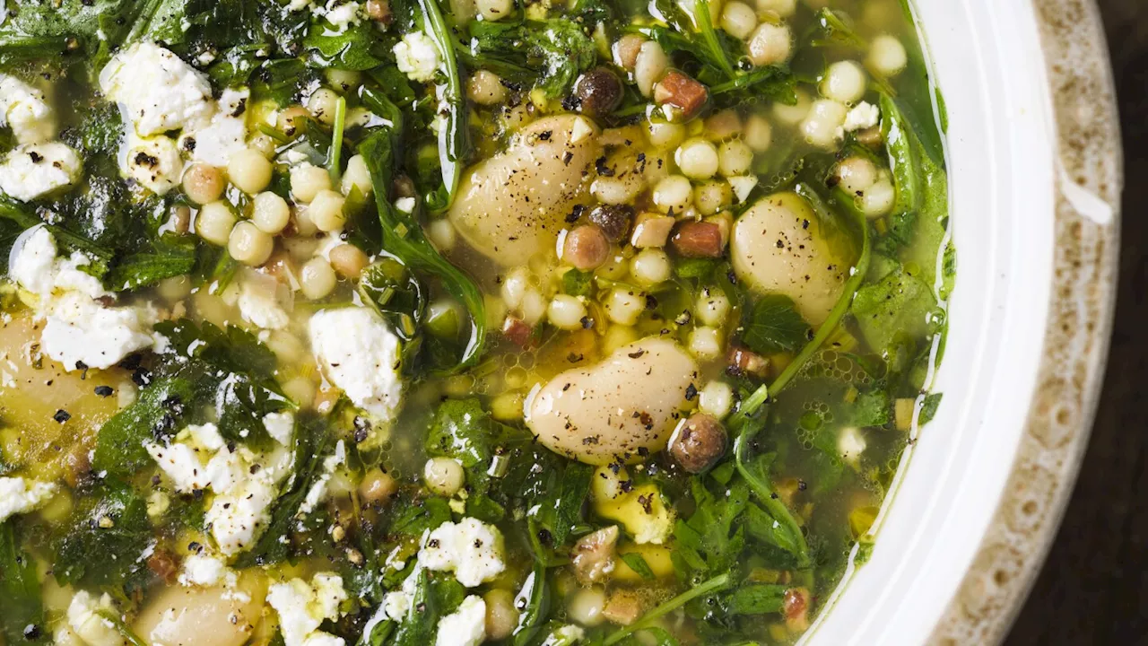 Handfuls of fresh herbs enliven Sardinia’s fregola-studded soup