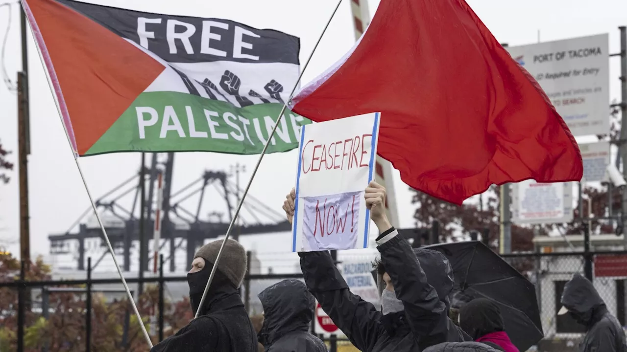 Protesters calling for Gaza cease-fire block road at Tacoma port while military cargo ship docks