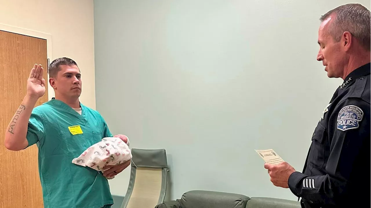 California officer has special swearing-in ceremony at hospital after son's birth