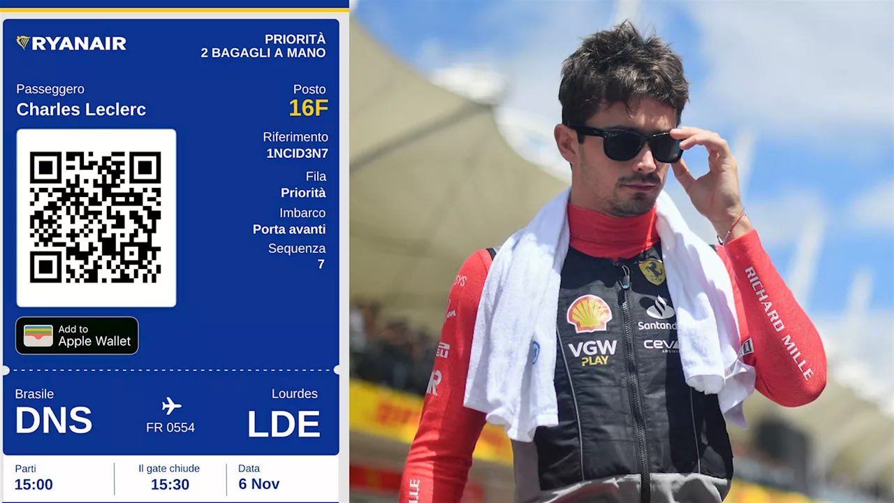 Ryanair scherza con Charles Leclerc dopo l'incidente in Brasile: ecco il biglietto per Lourdes