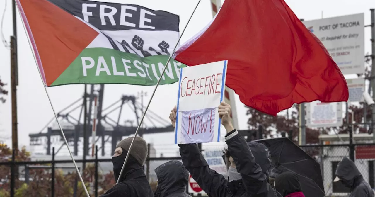 Protesters calling for Gaza cease-fire block road at Tacoma port while military cargo ship docks