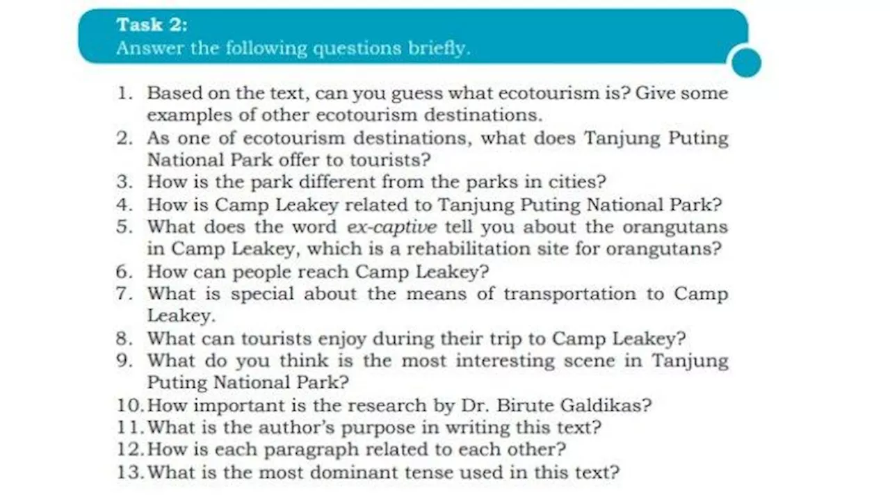 Kunci Jawaban Bahasa Inggris Kelas 10 Halaman 54 K13, Task 2: Question Tanjung Puting National Park