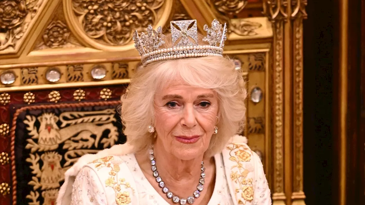 Queen Camilla is spellbinding in late Queen's precious tiara and dress that took 'six years' to make