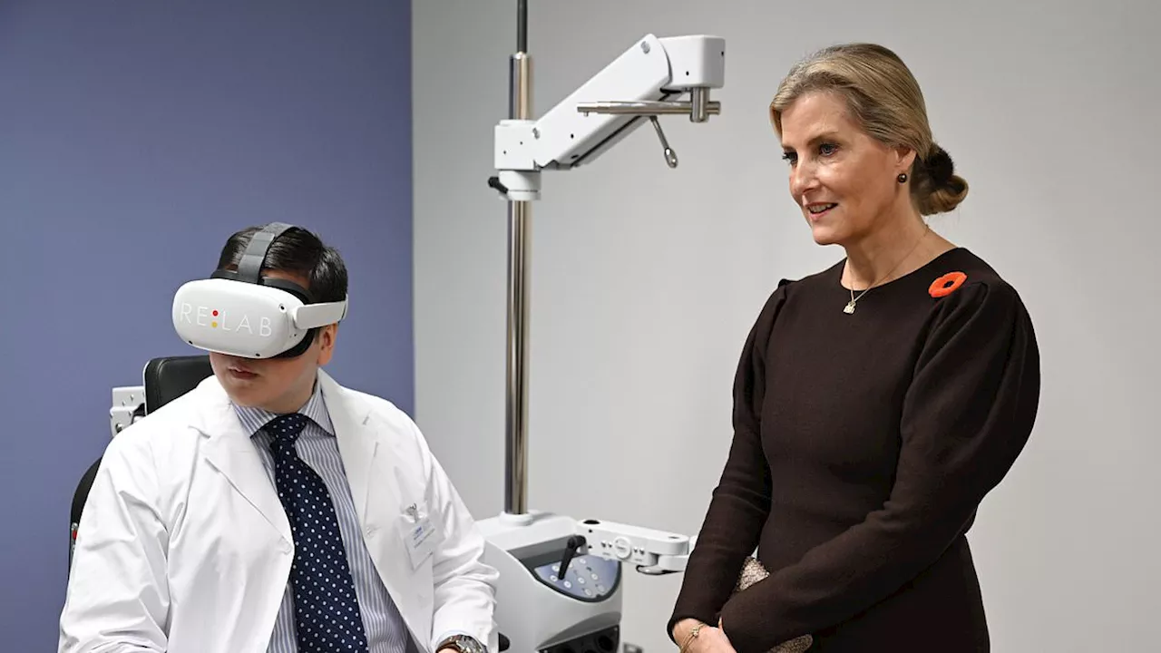 Duchess of Edinburgh is elegant in a brown dress and matching boots as she tries out a VR headset at...