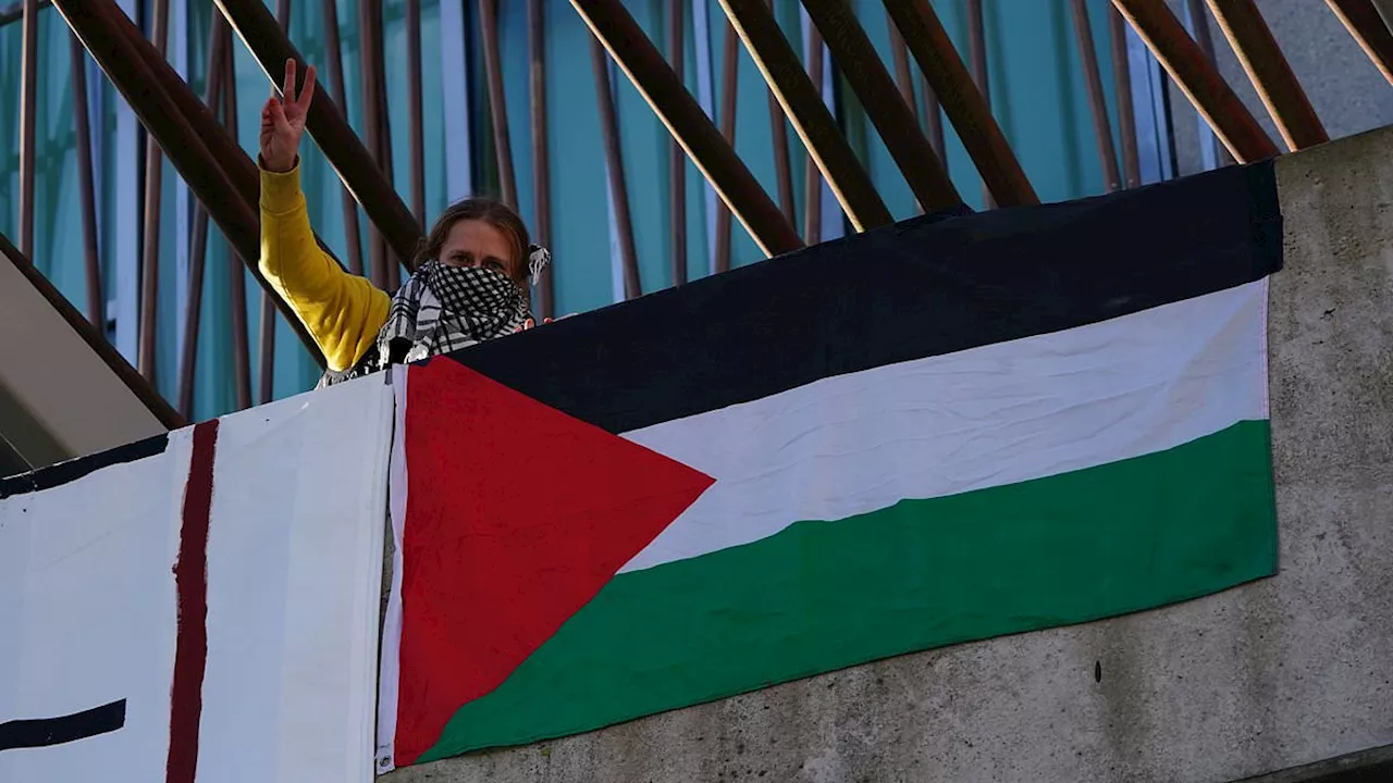 Protesters hang Palestinian flag from Scottish Parliament saying lawmakers should stop arms exports...