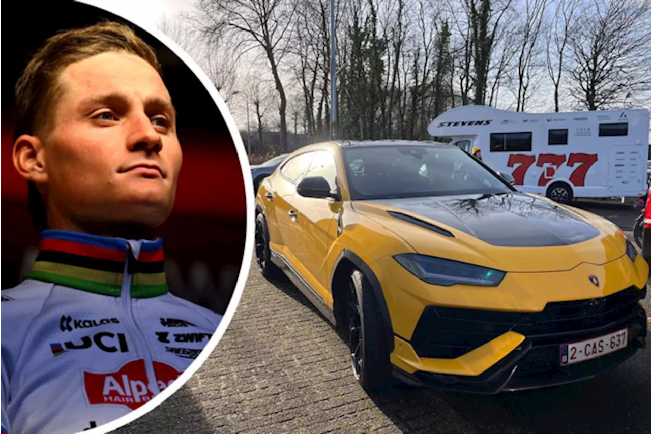 Mathieu van der Poel arriveert in een nieuwe Lamborghini voor de cross in Hulst