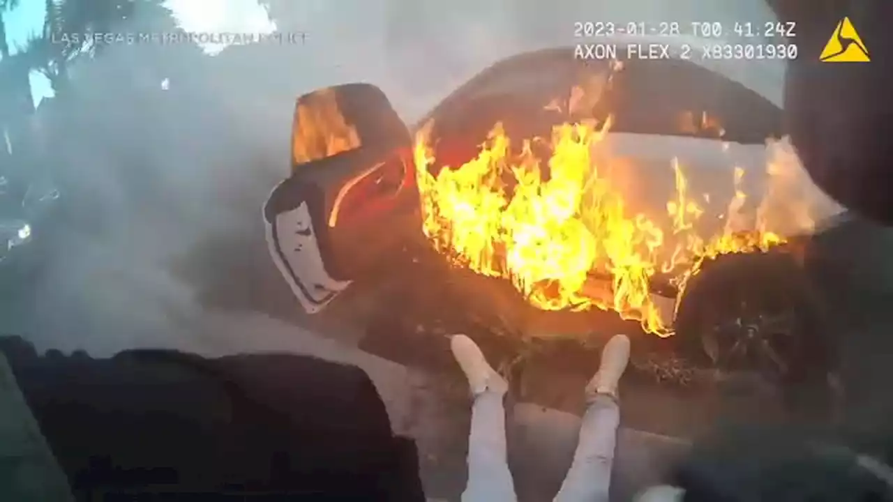 Bodycam video shows unconscious driver rescued from flaming car after Las Vegas Strip crash