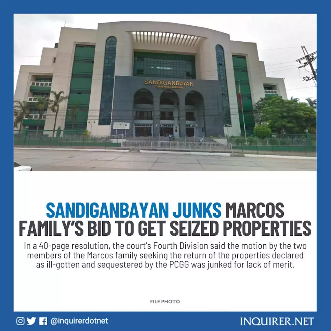 Sandiganbayan junks Marcos family’s bid to get seized properties