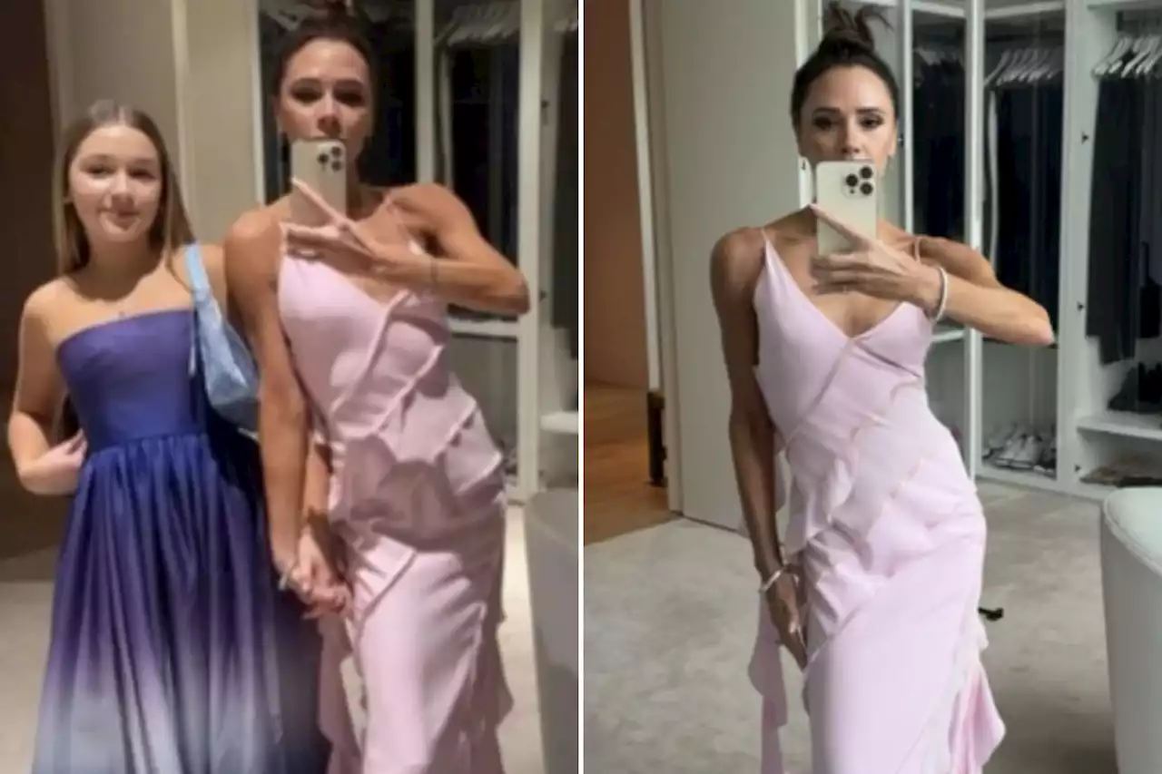 Victoria Beckham glams up in a pink dress for girls' night with daughter Harper