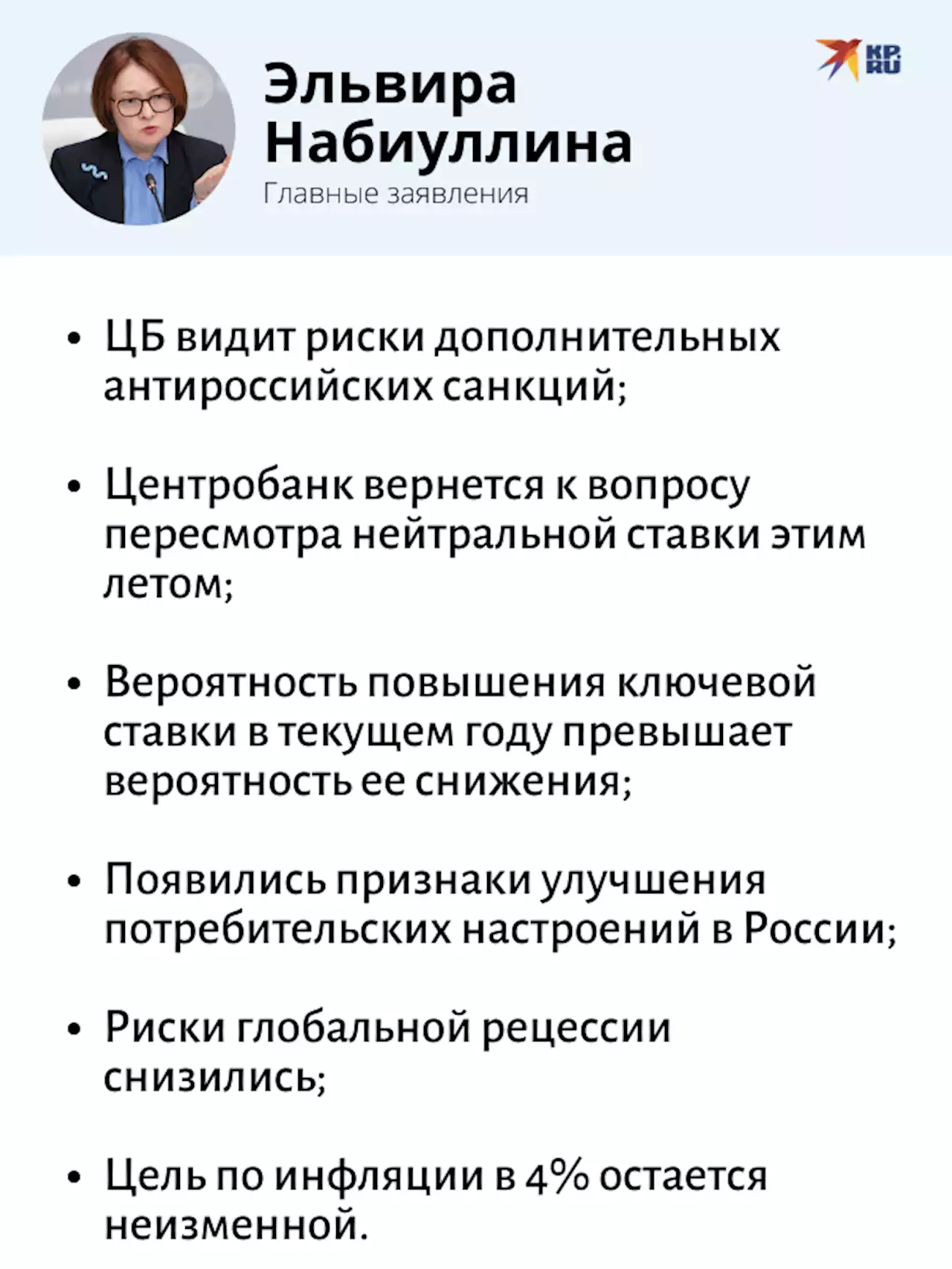 Набиуллина заявила, что повышение ставки ЦБ РФ в 2023 году более вероятно, чем снижение