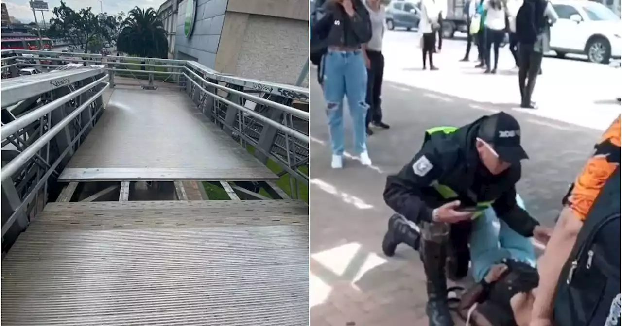 Mujer cayó al vacío de puente peatonal en mal estado en Bogotá