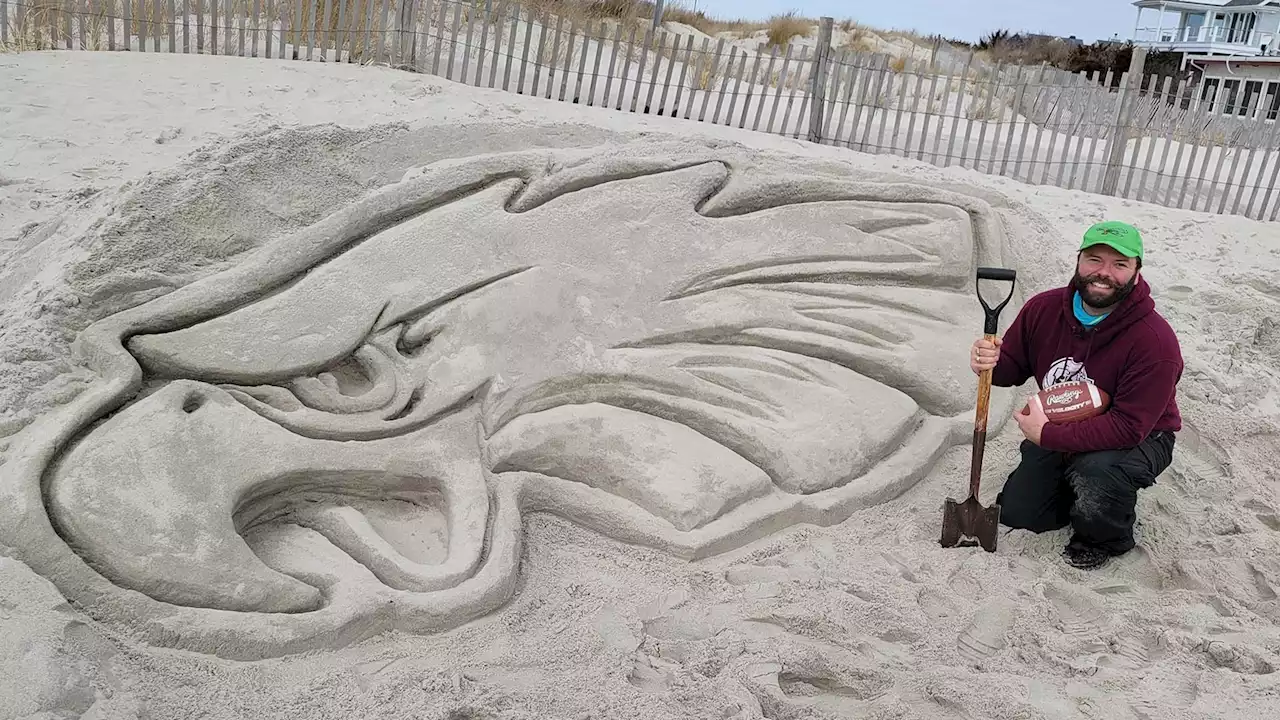 Sand sculptor carves Philadelphia Eagles Super Bowl tribute in South Jersey