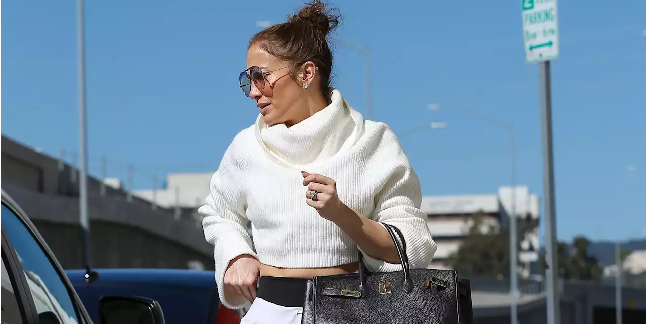 Jennifer Lopez Pairs a Cropped Turtleneck with Ripped Sweatpants