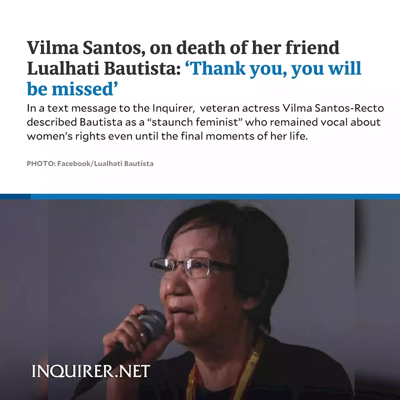 Vilma Santos, on death of her friend Lualhati Bautista: ‘Thank you, you will be greatly missed’