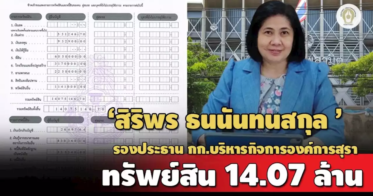 รายได้ 5.7ล./ปี เปิดเซฟ 'สิริพร ธนนันทนสกุล' รองประธาน กก.บริหารกิจการองค์การสุรา 14ล.