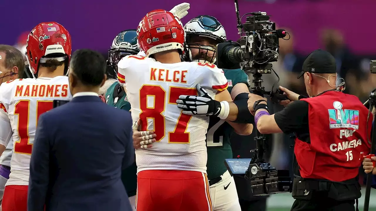 Travis and Jason Kelce Share a Hug After Chiefs Win Super Bowl