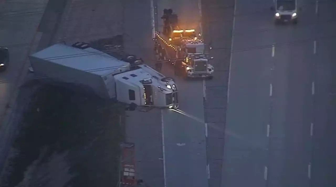 Big Rig Carrying 75,000 Pounds of Dog Food Overturns on Freeway in Sylmar