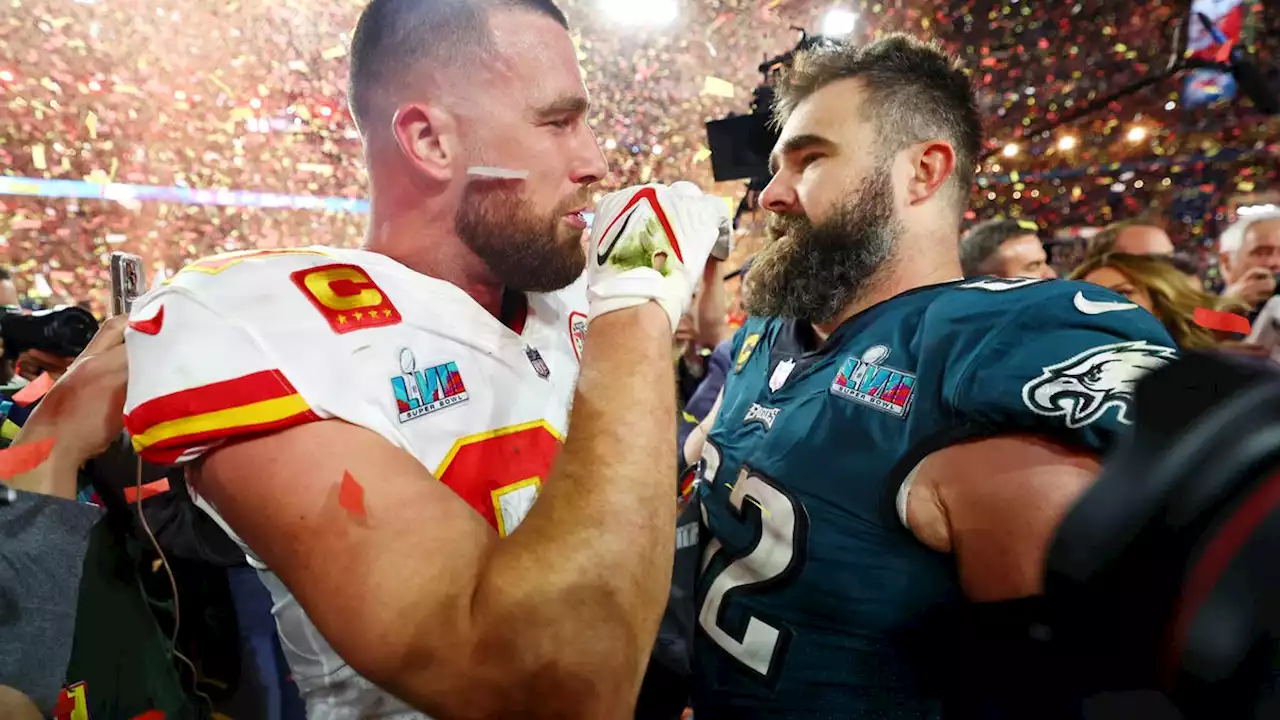 'I love you': Travis and Jason Kelce hug after Super Bowl 57, embrace mom Donna