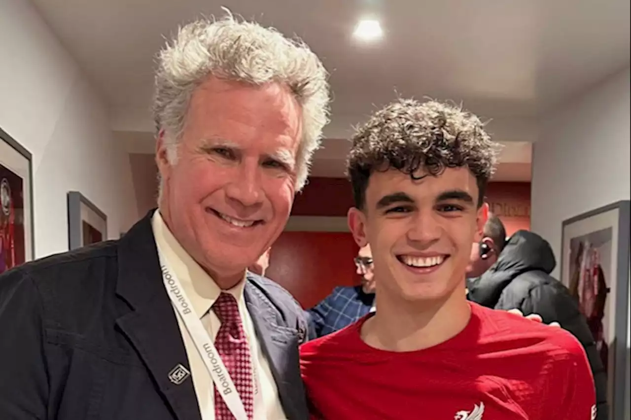 Stefan Bajcetic celebrates with Will Ferrell and Andy Robertson doubles down on Everton taunt