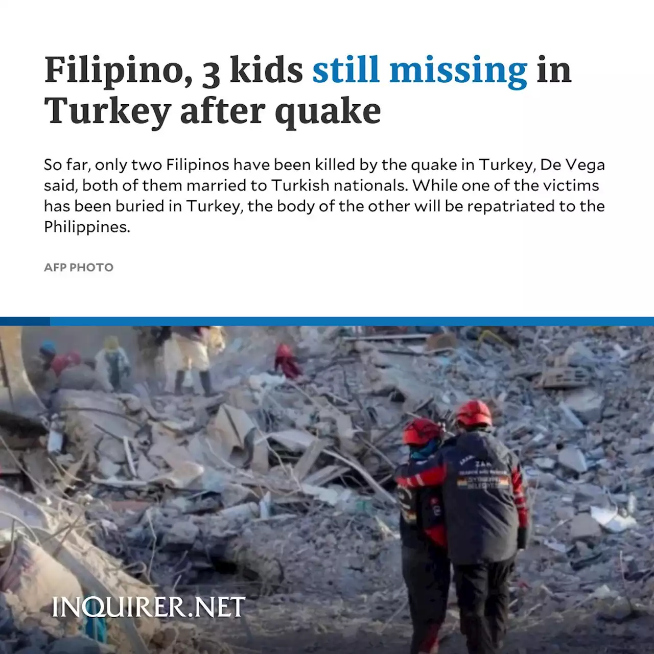 Filipino, 3 kids still missing in Turkey after quake