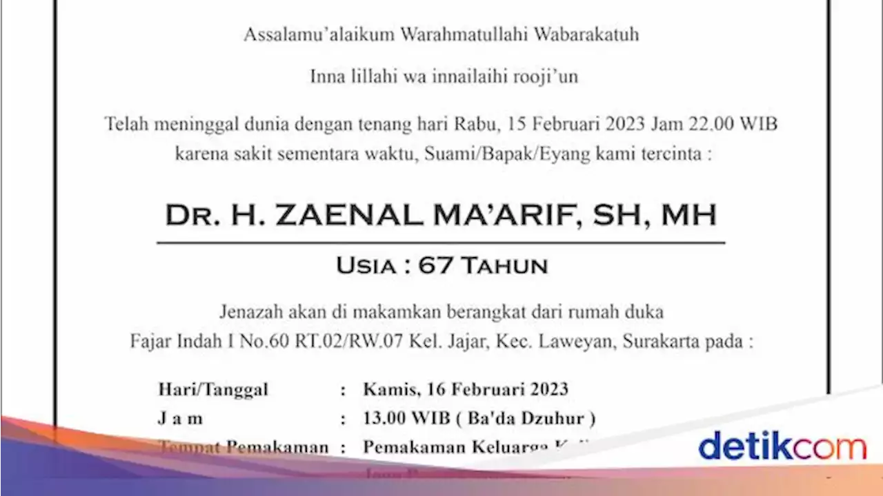 Kabar Duka, Mantan Wakil Ketua DPR RI Zaenal Ma'arif Meninggal Dunia