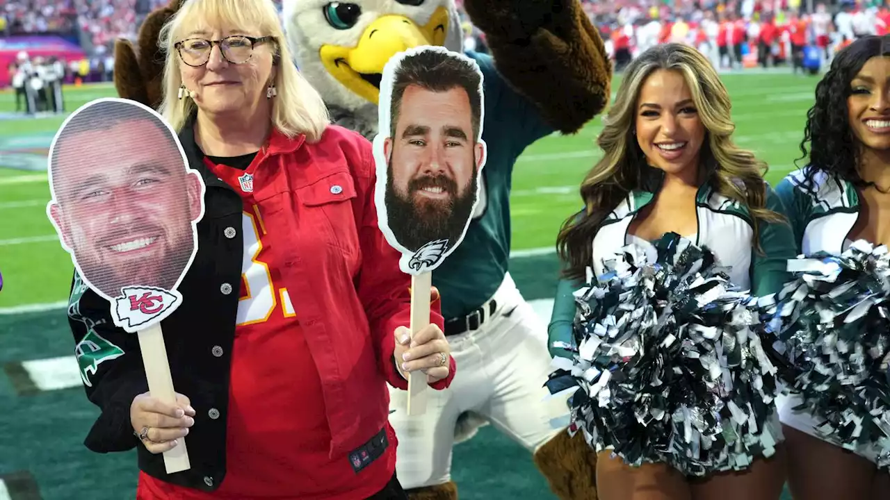 Jason Kelce cries 'tears of joy' while talking with Travis about their mom's Super Bowl spotlight