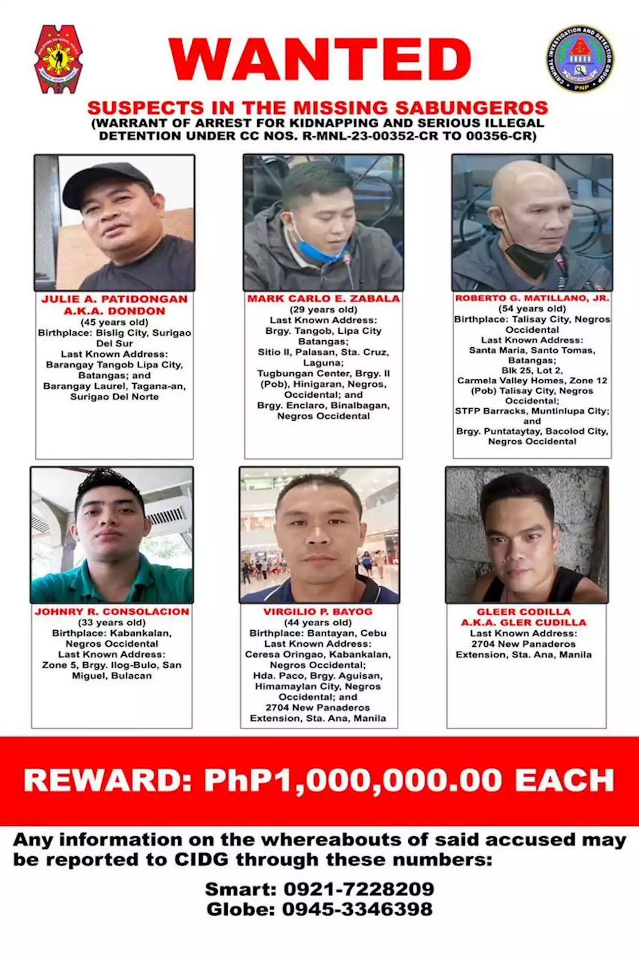 6 persons to face kidnapping, detention charges over missing 'sabungeros'