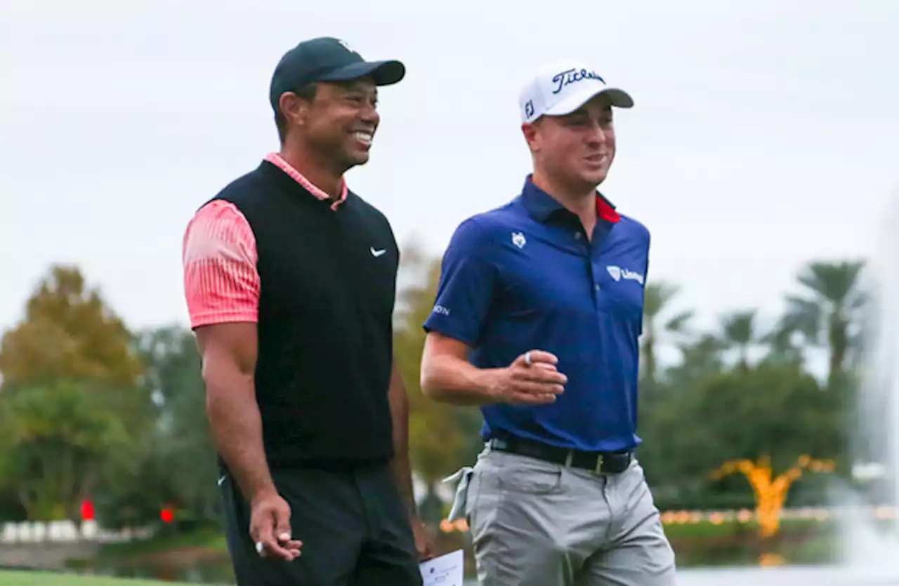 Tiger Woods gives tampon to playing partner Justin Thomas after outdriving him