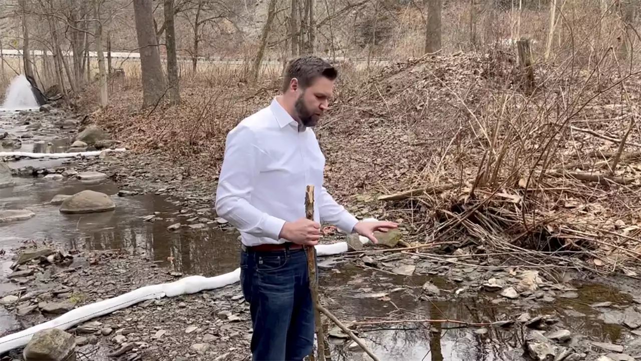 Twitter disgusted after JD Vance scrapes Ohio creek bottom, kicks up 'chemical rainbow': 'The EPA is lying'