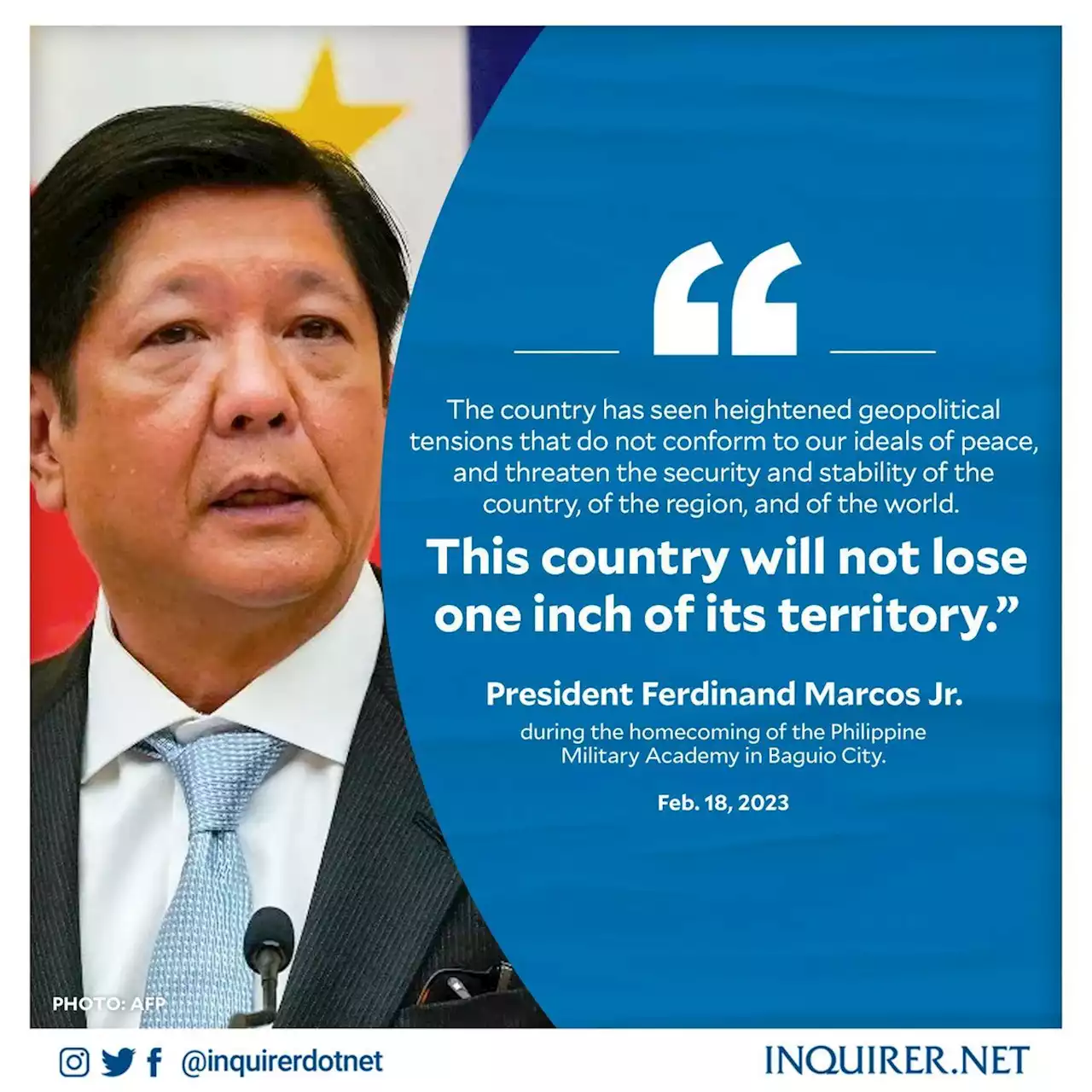 Marcos: Philippines will not lose one inch of its territory