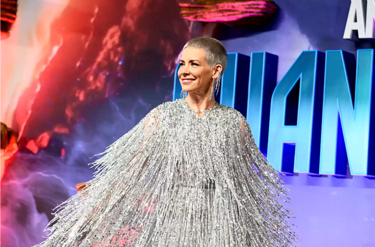 Evangeline Lilly Debuts Cropped Silver Haircut With Matching Naeem Khan Fringe Dress at ‘Ant-Man and the Wasp: Quantumania’ U.K. Premiere Red Carpet