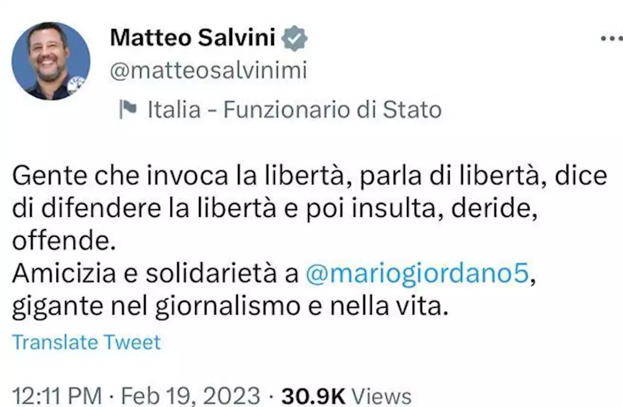 E Salvini attacca Fedez (difendendo Giordano): «C’è chi invoca libertà e poi insulta»