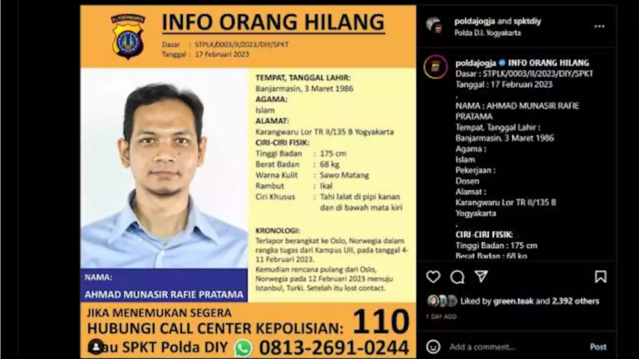 Cari Keberadaaan Dosen UII yang Hilang, Polda DIY Sebar Info Orang Hilang di Media Sosial