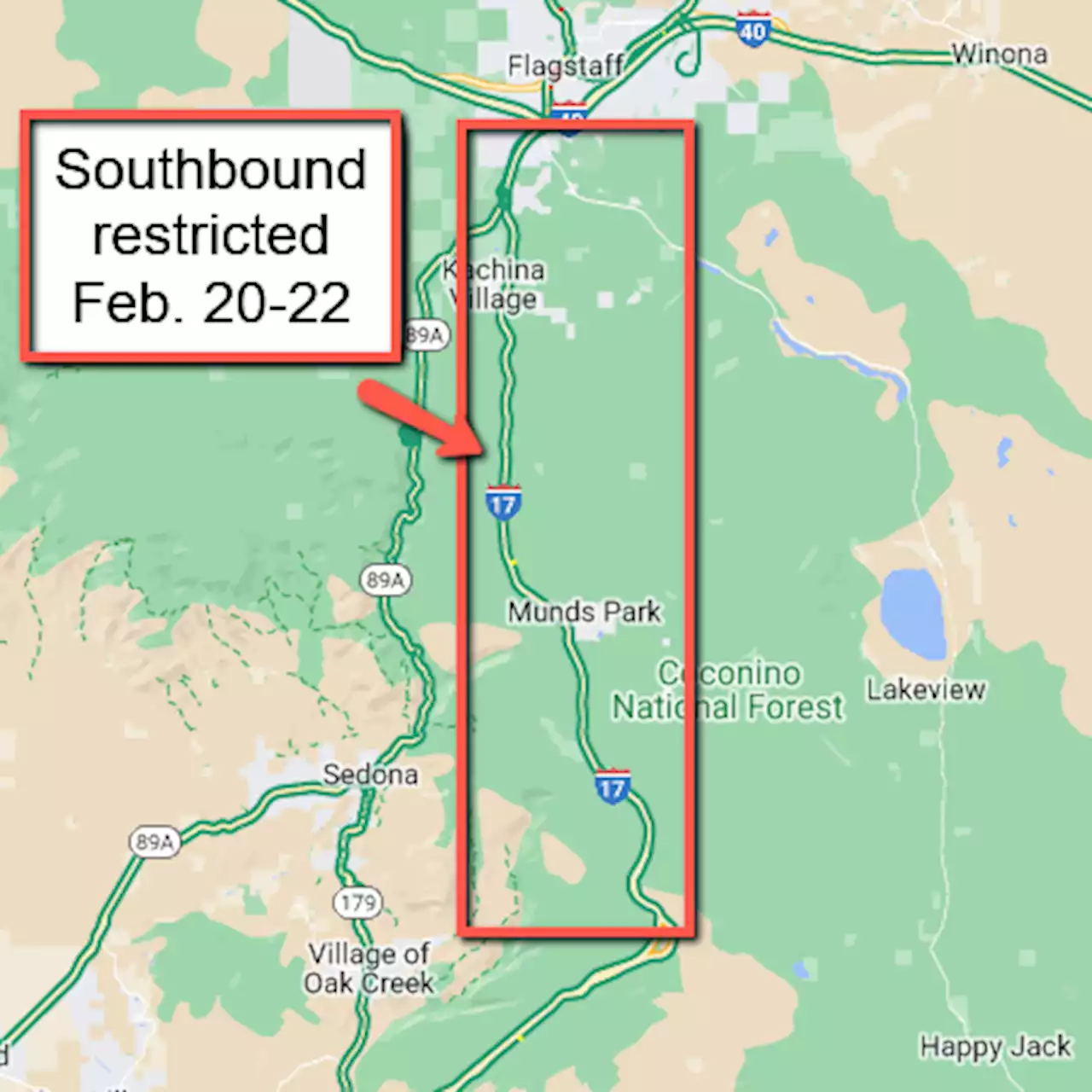 Plan for intermittent lane restrictions on I-17 south of Flagstaff Feb. 20-22