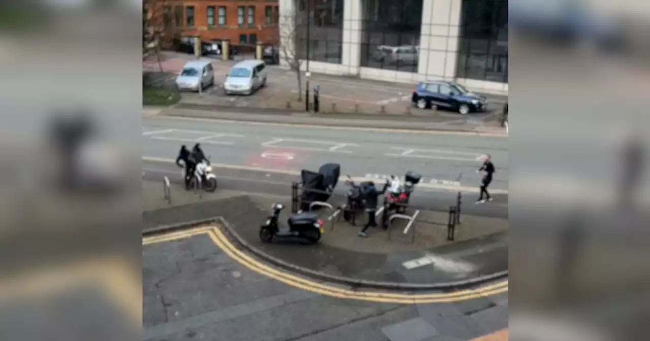 Moment man yells after armed thugs as they steal motorbike in broad daylight