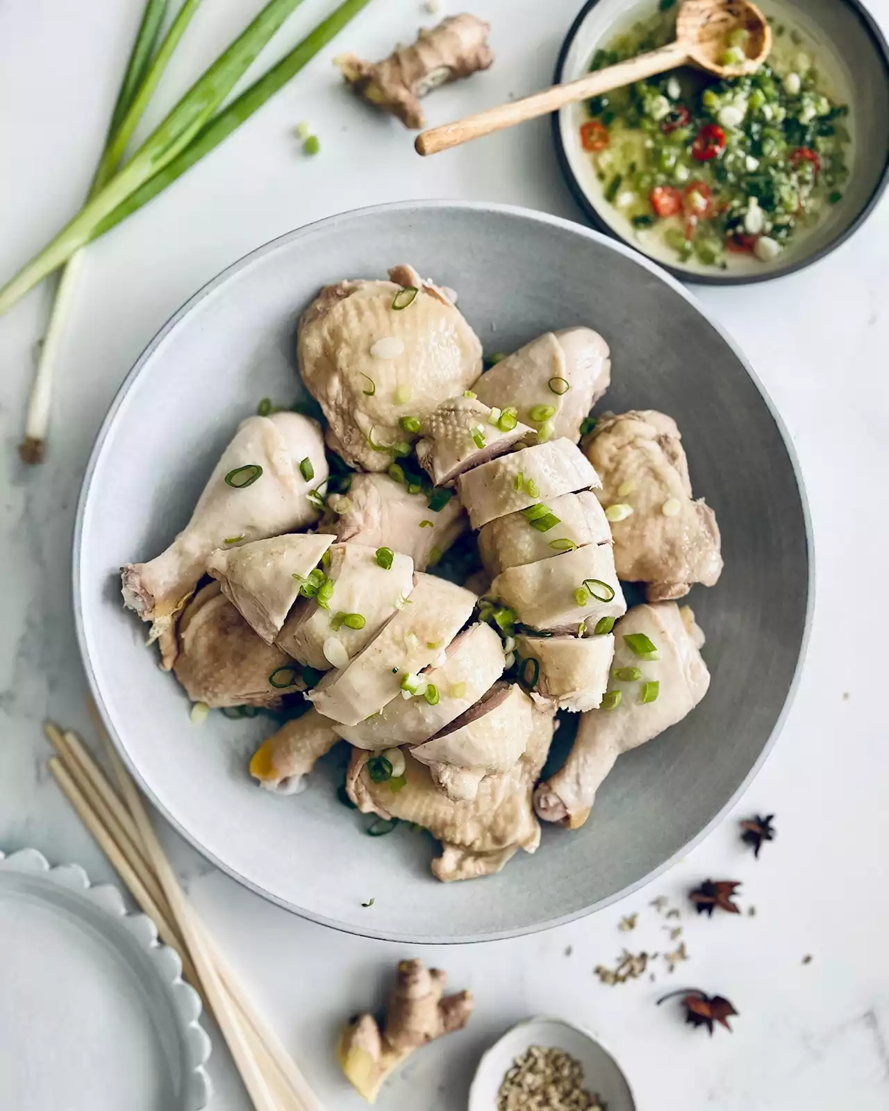 Cantonese White Cut Chicken with Ginger-Scallion Sauce