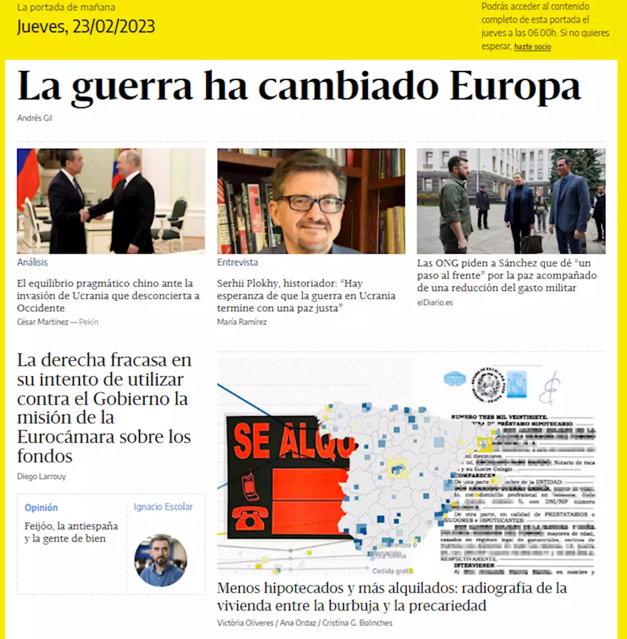 La portada del 23 de febrero de 2023 - elDiario.es