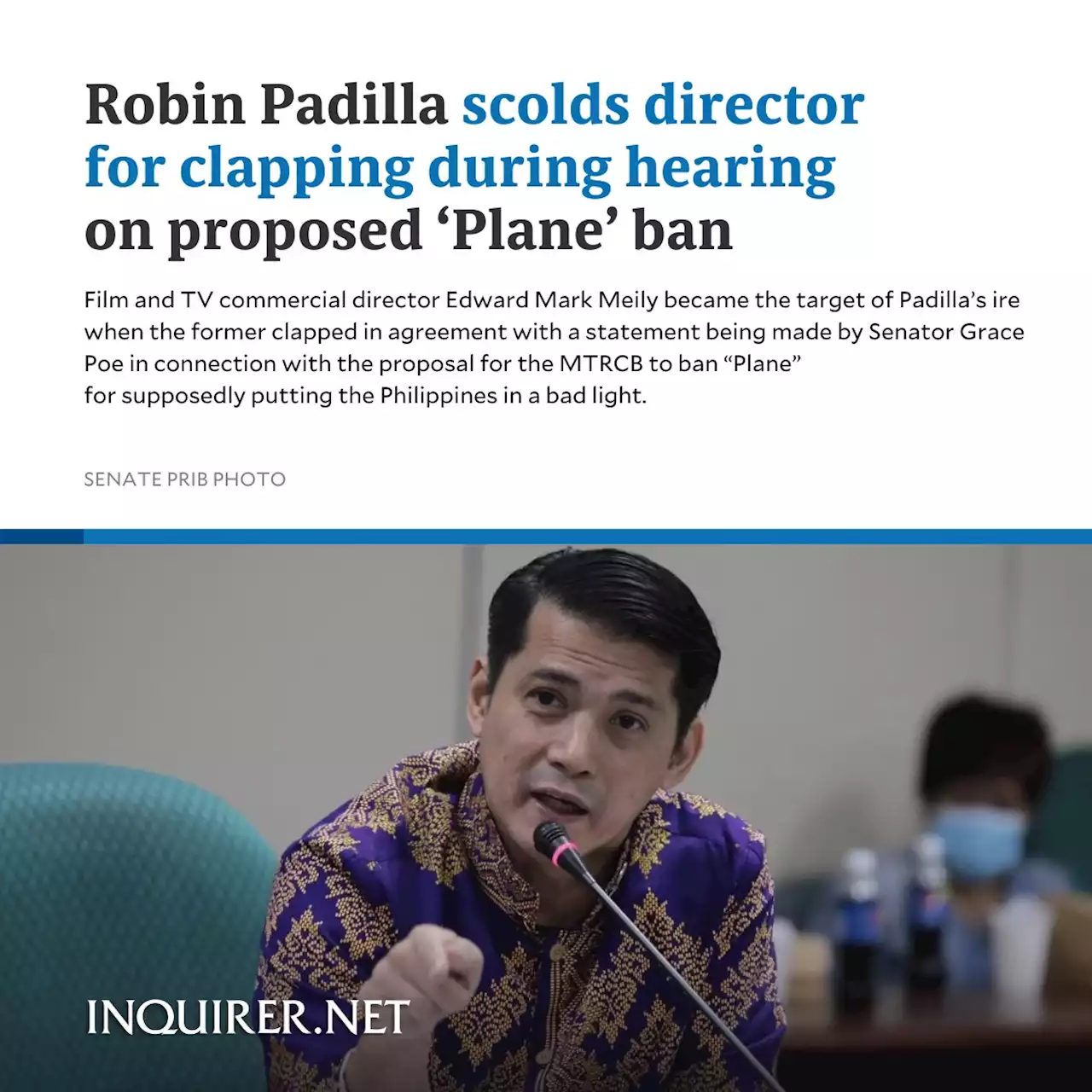 Robin Padilla scolds director for clapping during hearing on proposed ‘Plane’ ban