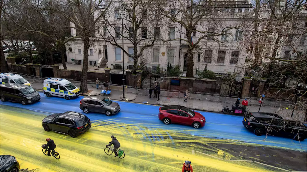 Ukraine flag painted outside Russian Embassy in London