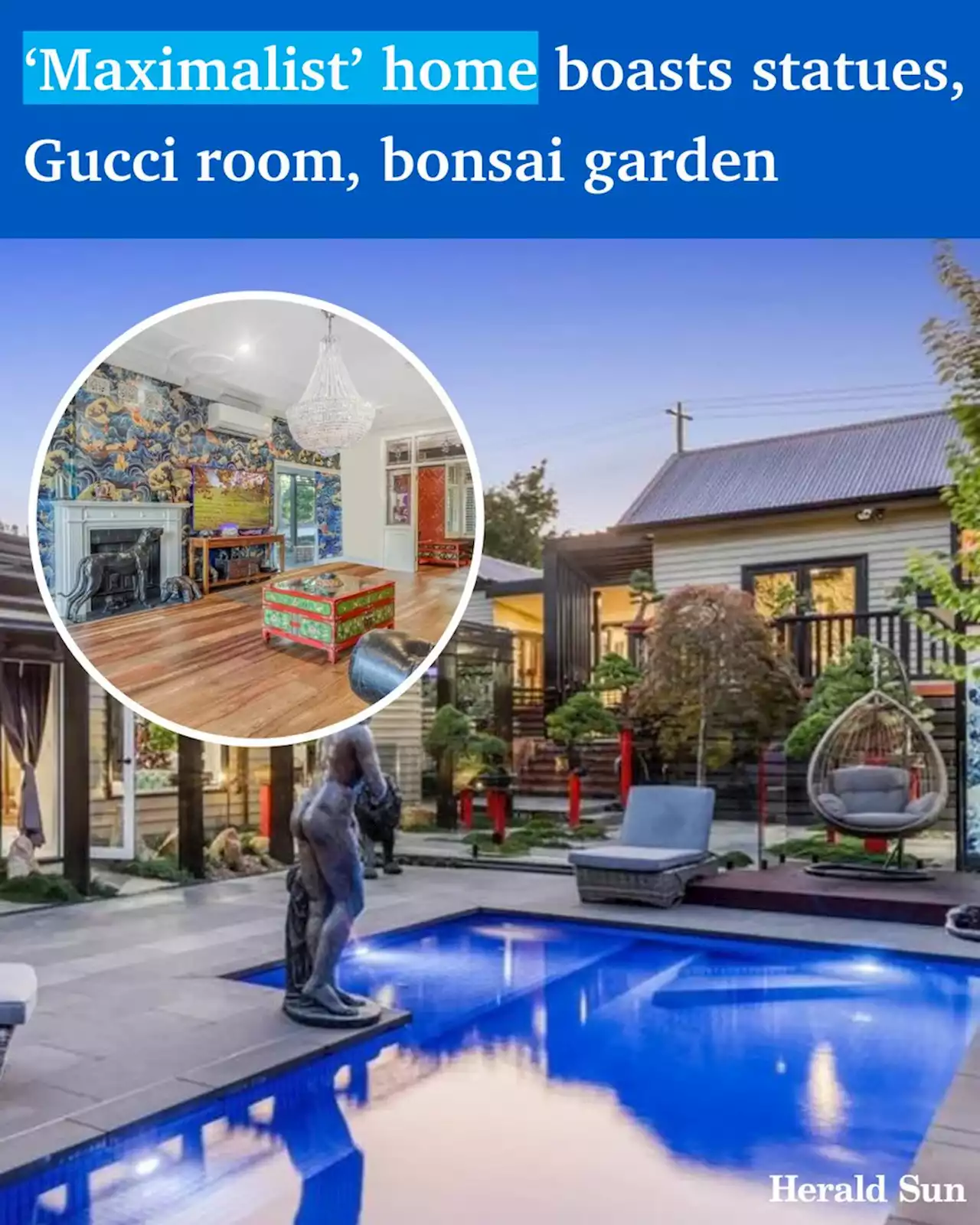 ‘Maximalist’ Croydon home has Gucci wallpaper, statues, Japanese bonsai garden and more - realestate.com.au