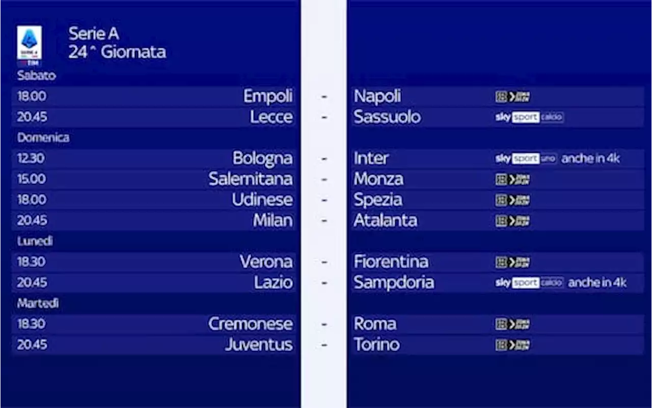 Calendario 24^ giornata di Serie A