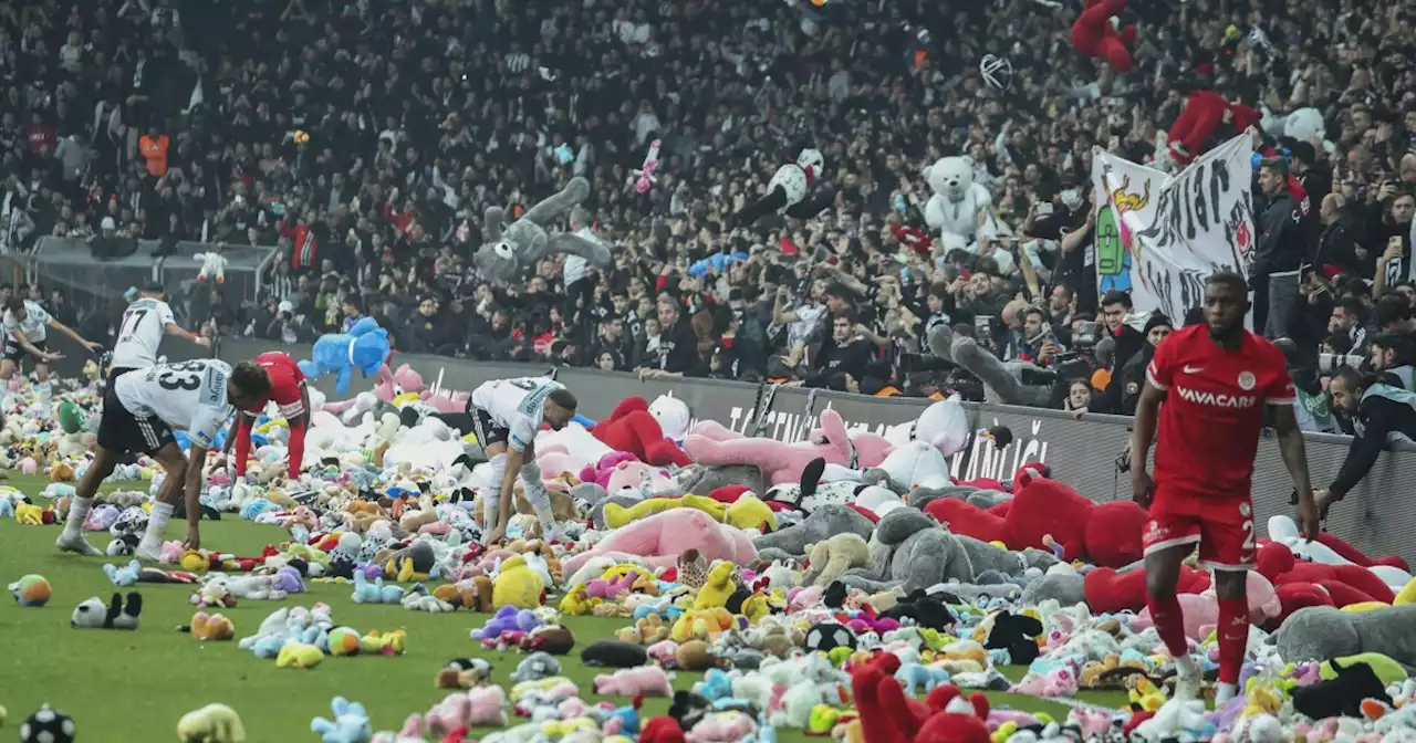 WATCH: Turkish soccer fans throw toys on field for children affected by earthquakes