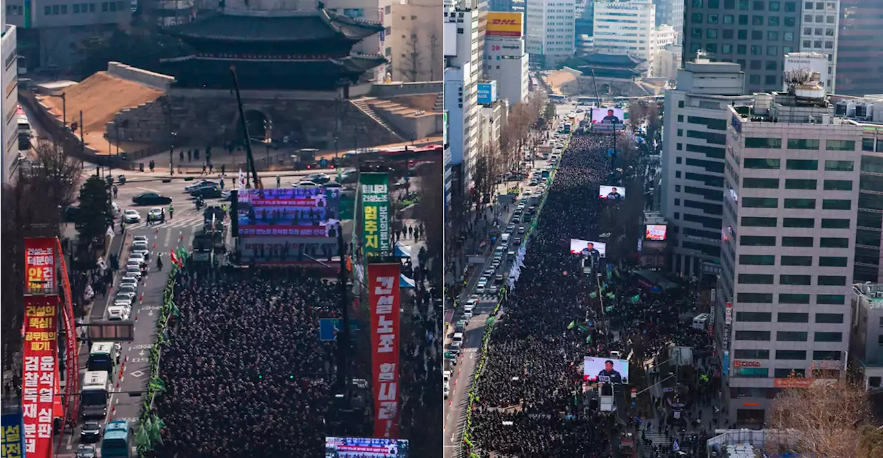 [오마이포토2023] '건설노조 힘내라' 응원 깃발 휘날리는 세종대로