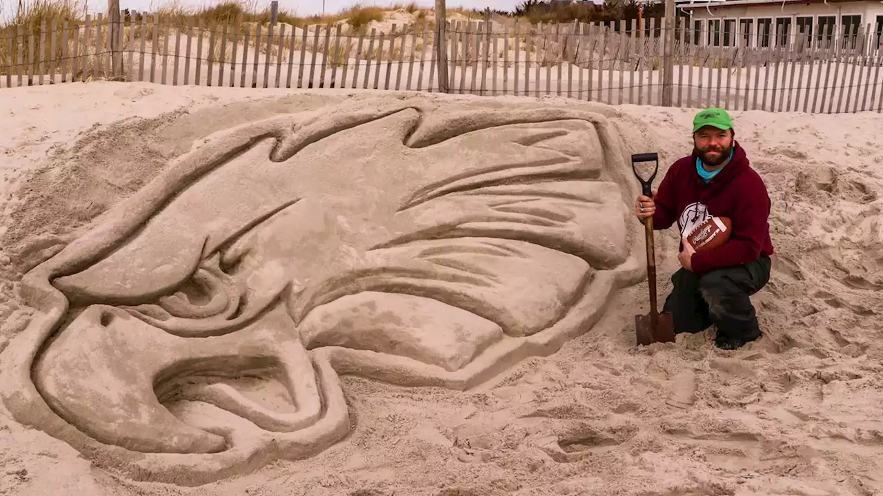 NJ sand sculptor carves Philadelphia Eagles tribute in Cape May